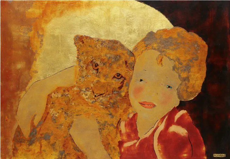 « Jeune fille enlaçant un félin » Alix AyméPanneau en laque à fond brun or et rehauts de polychromie, représentant une jeune femme enlaçant un félin avec tendresse. Le visage exprimant la compassion, le regard légèrement baissé, la bouche entrouverte Signé en bas à droite.Dim. 31,7 x 45,4 cmAdjugé 11 500 euros