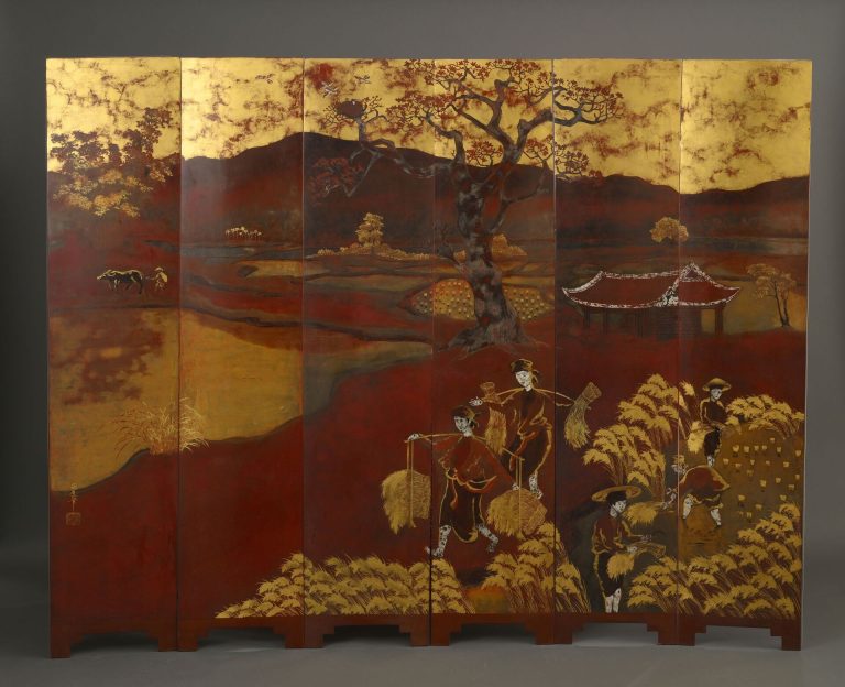 Pham Hau, paravent en laque à six feuilles, Vietnam XXe siècle
